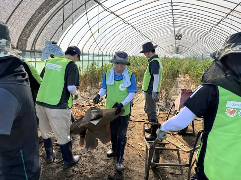 박도성 IT부문 부행장과 직원들이 수해복구 작업을 진행하고 있다.