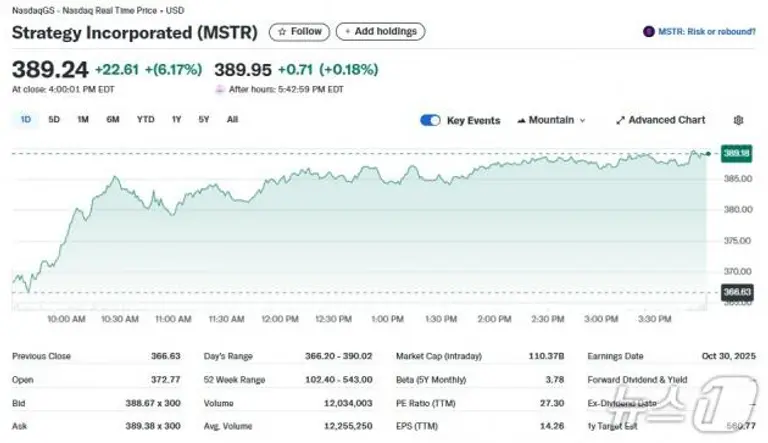 스트래티지 일일 주가추이 - 야후 파이낸스 갈무리