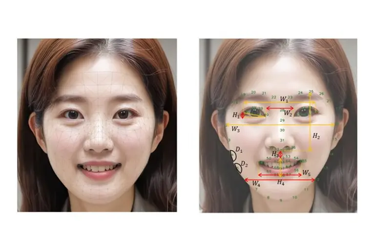 안면 특징점 추출 기술 적용 예시(왼쪽)와 얼굴 부위별 6가지 노화 지표 정의 예시(오른쪽) 이미지. (제공 LG생활건강)