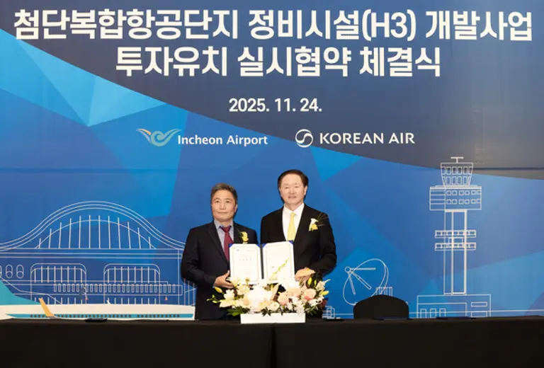 우기홍 대한항공 부회장(오른쪽)이 24일 그랜드 하얏트 인천에서 이학재 인천국제공항공사 사장과 ‘첨단복합항공단지 정비시설(H3) 개발사업 실시 협약’을 체결하며 기념촬영 하고 있다. 대한항공 제공