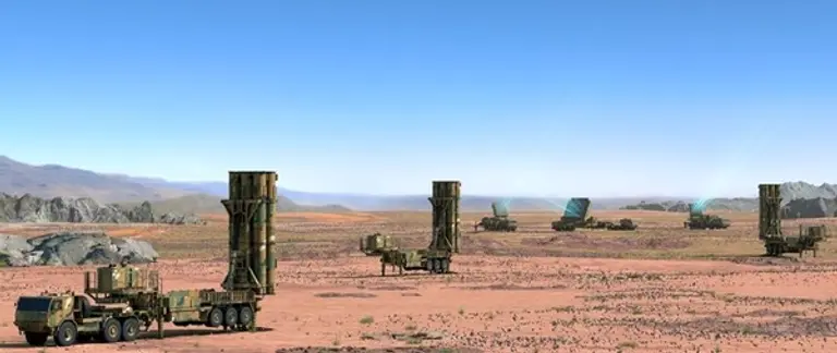 한국군의 장거리 지대공 유도무기(L-SAM) 발사대와 레이다가 배치된 모습 상상도. 한화에어로스페이스 제공.