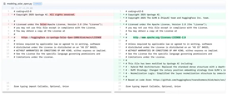 자료 = 허깅페이스 Solar-Open-100B 코드 라이선스 커밋 로그