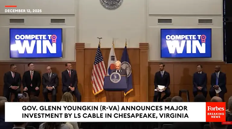 버지니아주 글렌 영킨 주지사(공화·버지니아)가 LS케이블이 버지니아주 체사피크시에 대규모 투자를 진행한다고 발표했다.(사진=유튜브 갈무리)