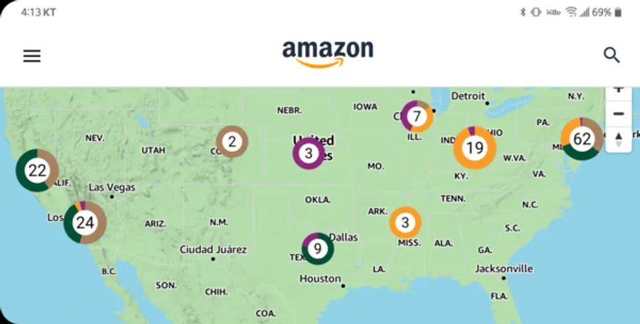 사진: 미국내 아마존 재생에너지 프로젝트 시행 위치 일부.