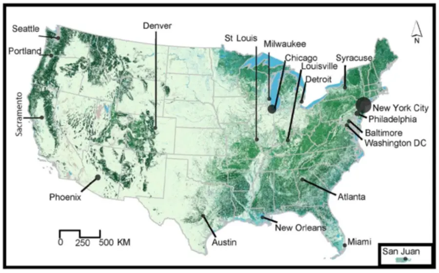 미국 전역의 녹화 수준(색이 진할수록 녹화가 잘 되었음을 의미) 지도. 사진 = 녹색 인프라 보고서 중 캡처