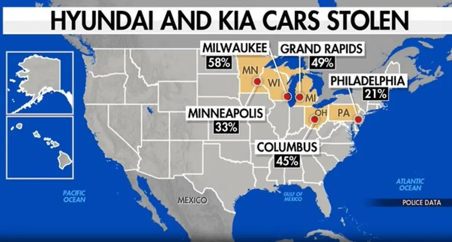 현대차와 기아차가 도난되고 있는 도시들. 출처=폭스뉴스 유튜브