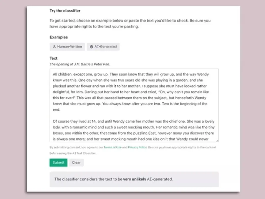 텍스트를 기계가 썼는지 여부를 확인했다는 걸 보여주는 스크린샷. 출처=오픈AI