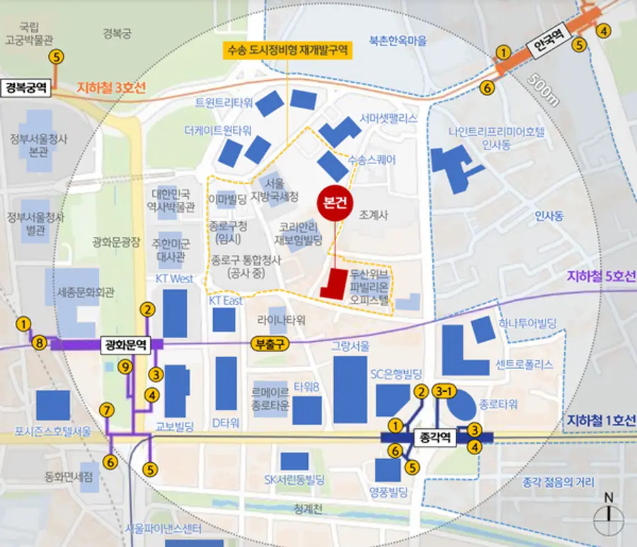 빨간색 표시가 광화문 G타워 위치다.