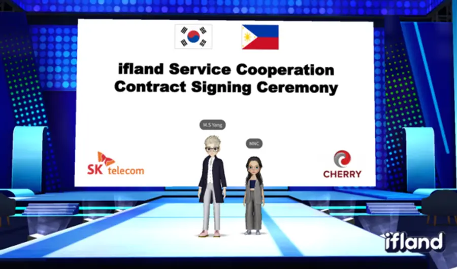 이프랜드에서 SKT 양맹석 메타버스 CO 담당(왼쪽), 필리핀 체리 미셸 마리 응구신코 COO(오른쪽)가 계약 체결 세레모니를 진행하는 모습