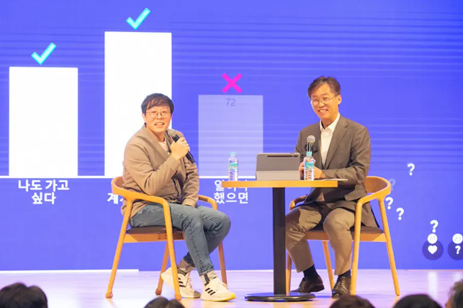 최우형 케이뱅크 행장(오른쪽)이 지난 1월 취임 직후 케이뱅크 전 직원이 참가한 소통미팅에서 질의에 답하고 있다. [출처: 케이뱅크]