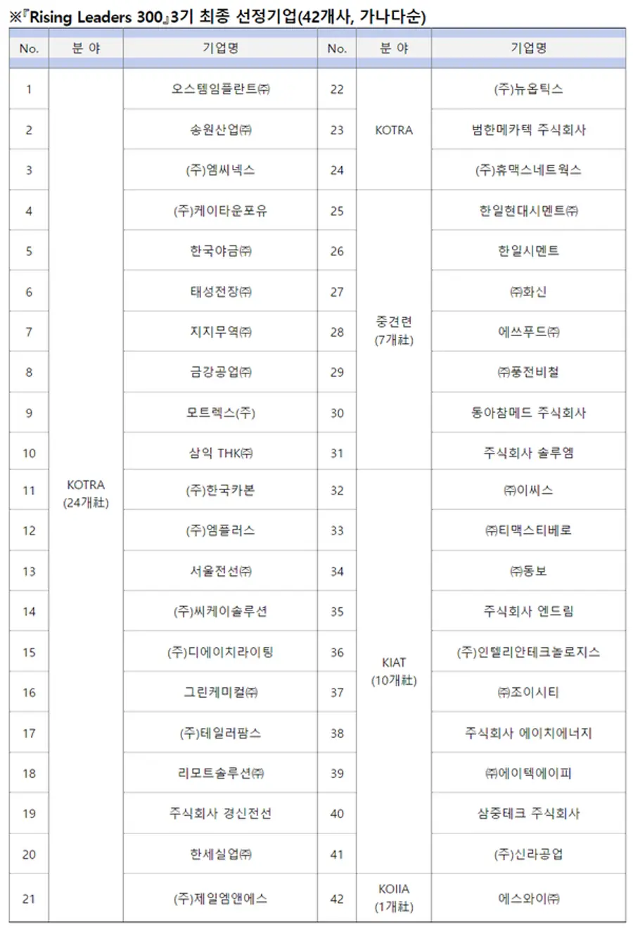 라이징 리더스 300 사업 3기 선정기업 명단 [출처: 우리은행]