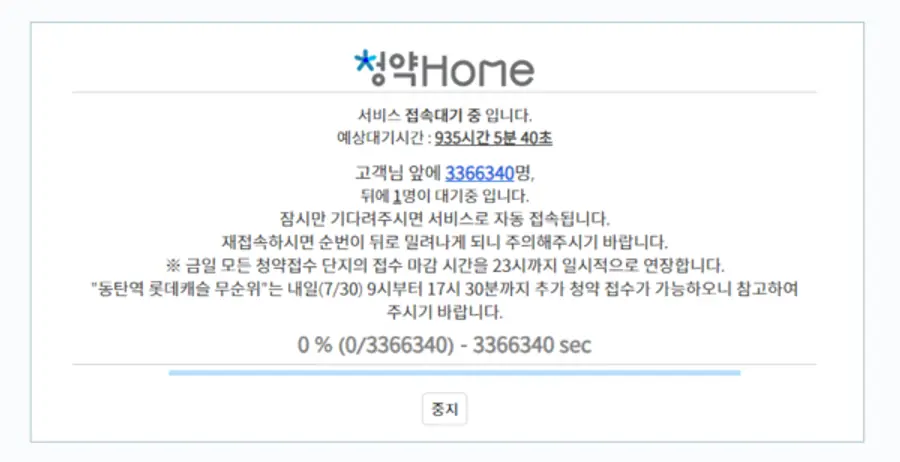 6시 현재 청약홈 홈페이지 접속 대기자 현황 