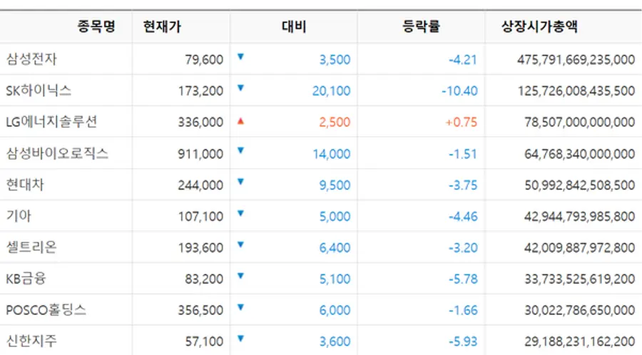 코스피 시가총액 10위 종목 [출처: KRX 정보데이터시스템]