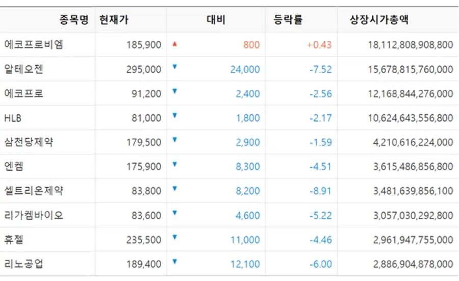 코스닥 시가총액 10위 종목 [출처: KRX 정보데이터시스템]