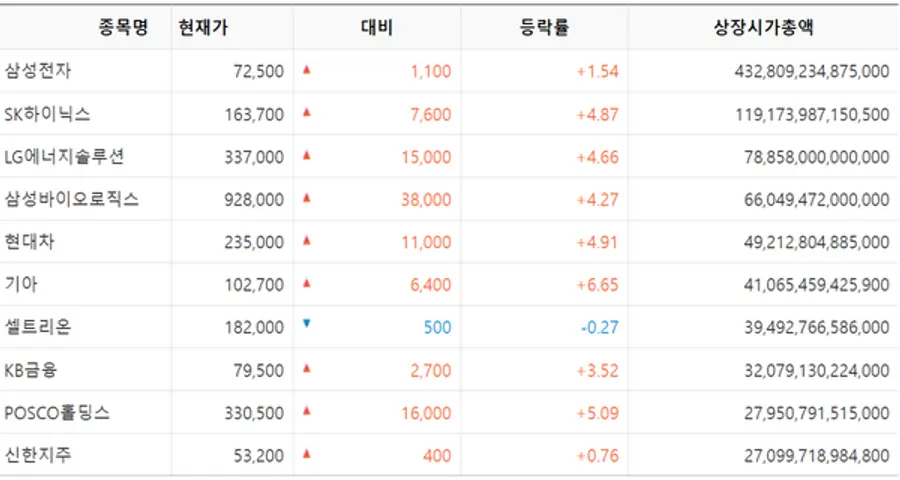 코스피 시총 10위 종목 [출처: KRX 정보데이터시스템]