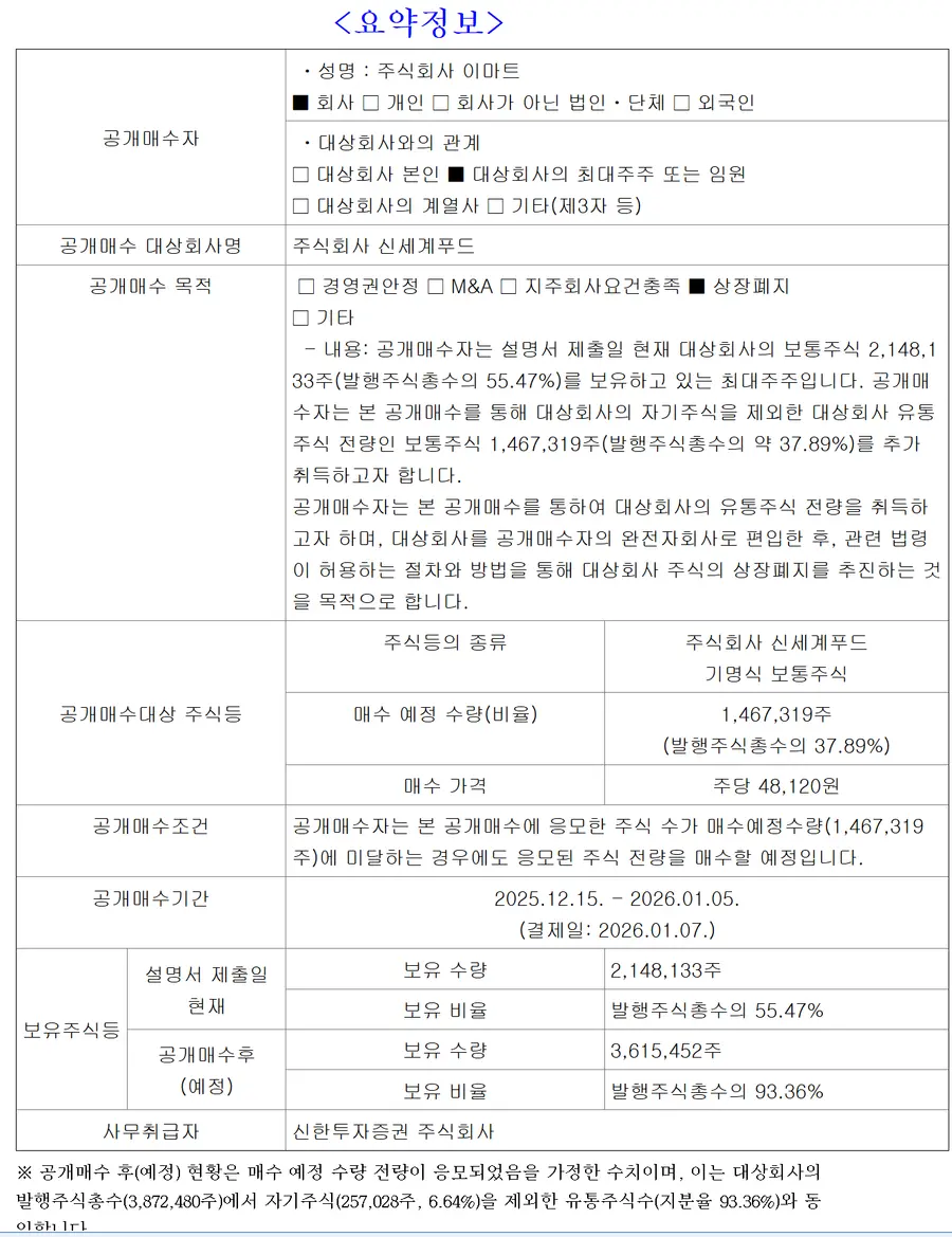 신세계푸드 공개매수