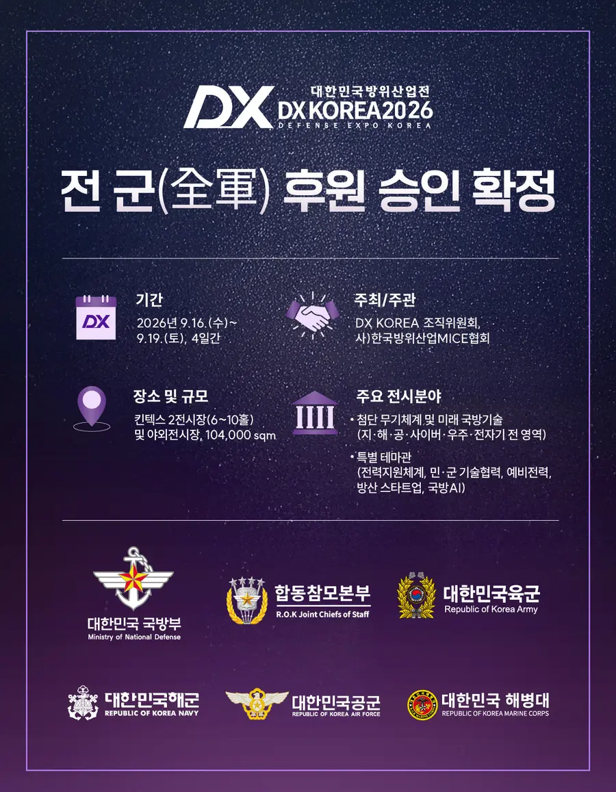 대한민국 방위사업전 DX KOREA 2026이 국방부를 비롯해 합동참모본부, 육해공군 및 해병대 등 전군 공식 후원 승인을 확정했다. 사진=DX KOREA 조직위원회 제공