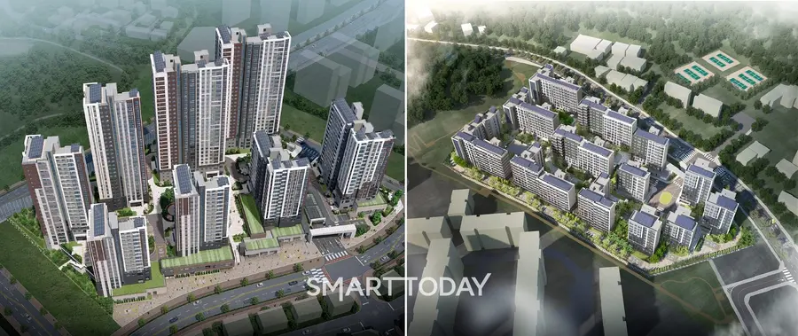 구리갈매역세권 A4 단지조감도(왼쪽)와 김포고촌2 A1 단지조감도 (사진=LH)