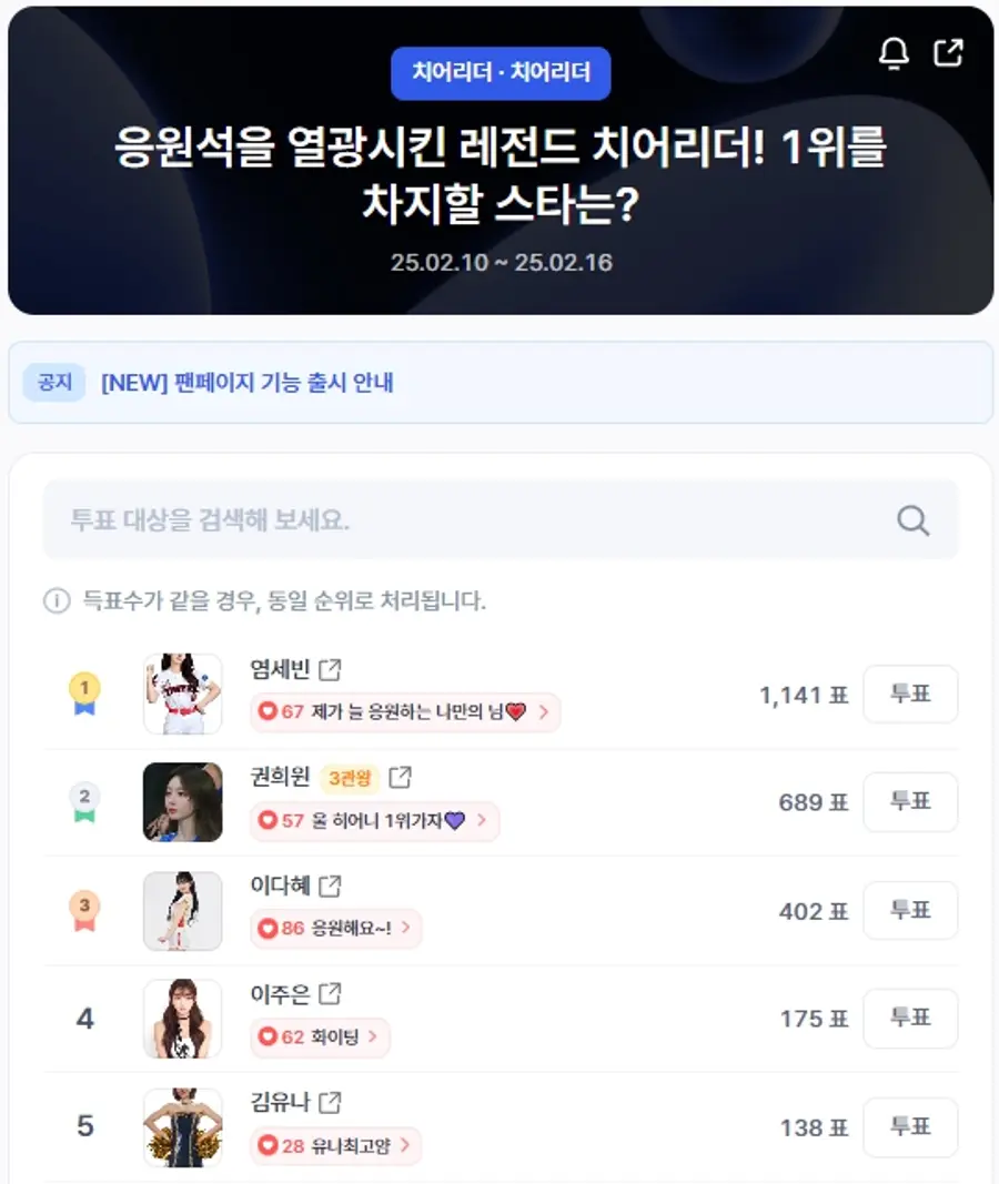 ▲인기투표 순위 (오전 9시 30분 기준) ⓒ디시트렌드