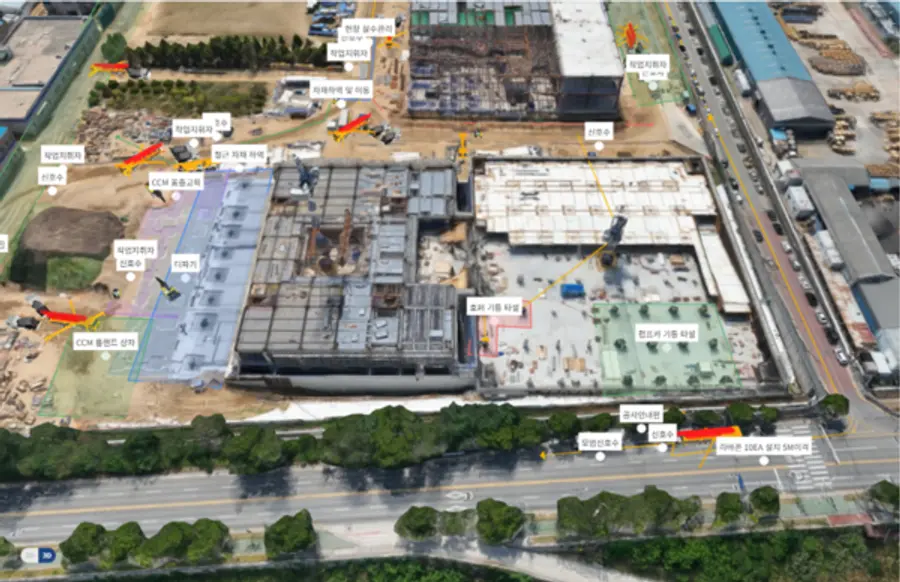드론 플랫폼을 활용하여 현장 내 장비 배치 계획을 수립한 모습 (사진=CJ대한통운 건설부문)