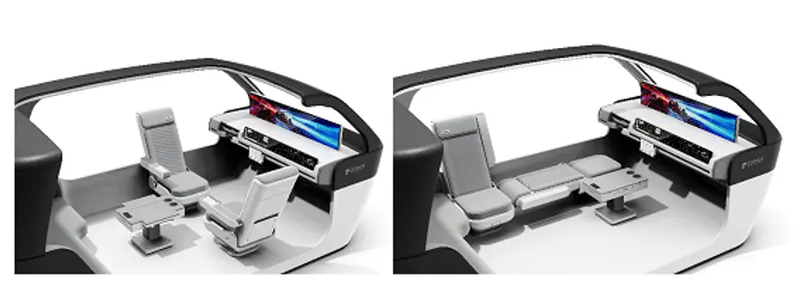 실제 차량 사이즈 모델을 기반으로 랜더링한 모습. 대시보드의 태블릿PC를 이용해 사용자 목적에 맞게 시트와 콘솔을 배치할 수 있다.