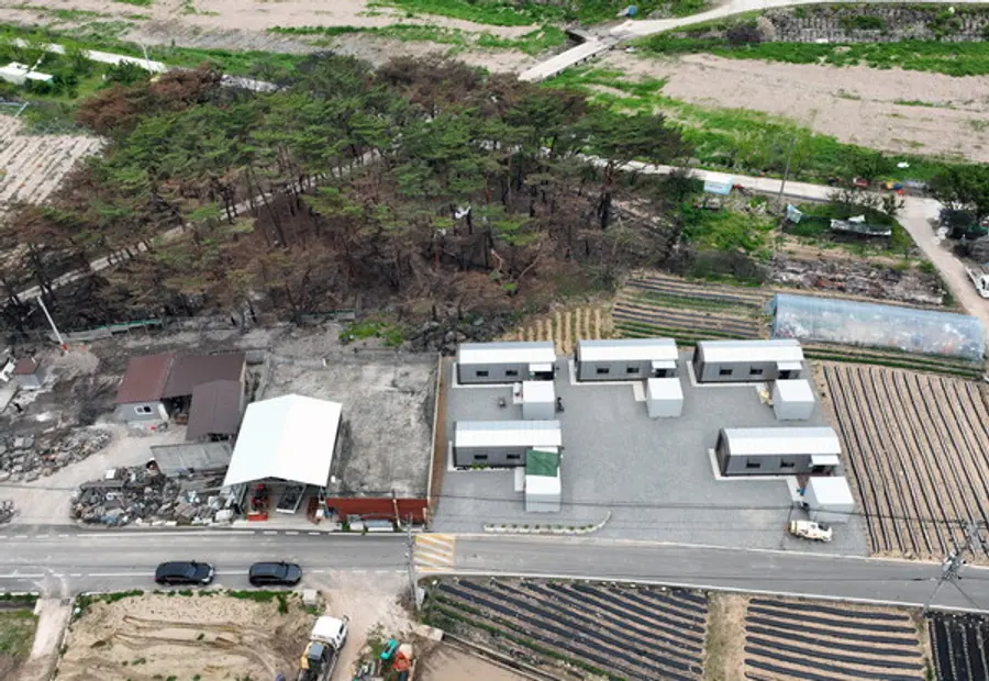 경북 청송군 산불 피해 지역에 조성된 이동식 임시주거시설 ‘희망하우스’ 단지 전경. 뒤편으로는 산불로 타버린 나무들이 보인다(사진제공=희망브리지)