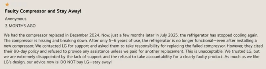 LRFS28XBS 모델 구매자 후기 / 출처 = LG전자 미국 공식 쇼핑몰