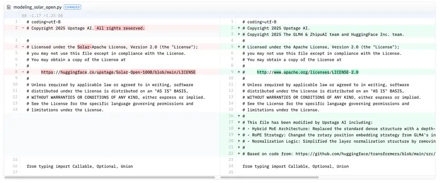 자료 = 허깅페이스 Solar-Open-100B 코드 라이선스 커밋 로그