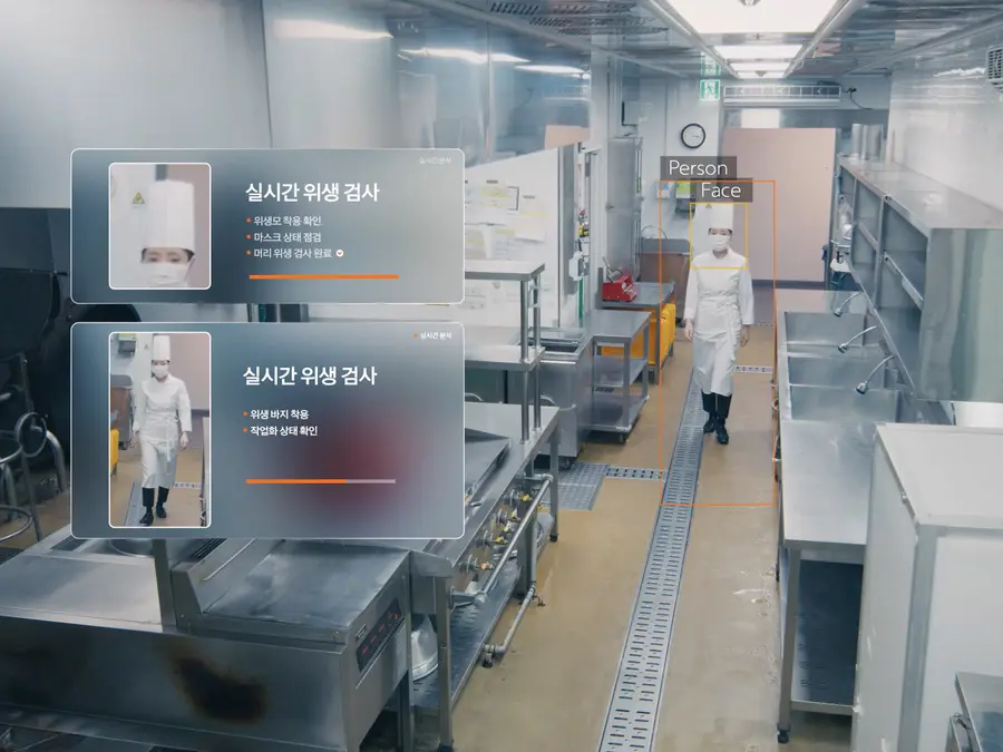 한화비전 AI 카메라가 조리사의 복장 및 위생 수칙 준수 여부를 확인하는 장면. (사진=아워홈)