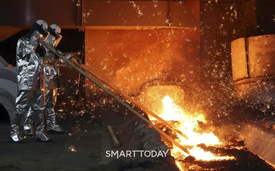 현대제철 당진제철소 제3고로 작업자가 쇳물이 통로를 따라 토페토카(쇳물을 담아 옮기는 차량)로 흘러가도록 유도하는 작업을 하고 있다. 출처=현대제철