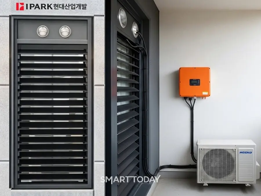 IPARK현대산업개발이 아파트 실외기실 구조를 활용한 차세대 태양광 발전 기술로 중소벤처기업부 녹색기술인증을 획득하며 제로에너지건축물 기술 경쟁력을 한층 강화했다. 루버 태양광, 마이크로 인버터, 에어컨 실외기가 연계 설치된 시스템 모습 (사진=IPARK현대산업개발)