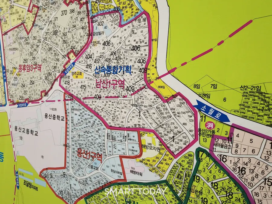 남산 재개발 구역 일대 공인중개사 지도에 남산1구역이 표시돼 있다. 출처=김종현 기자