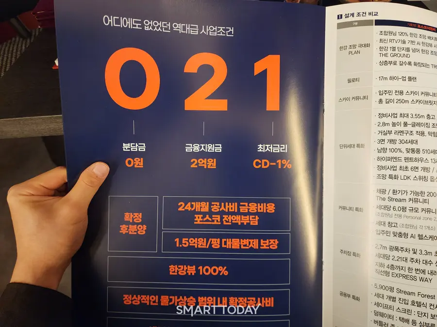 포스코이앤씨 신반포19·25차 홍보관 내에 비치된 '분담금 제로' 공약 안내문. 출처=김종현 기자