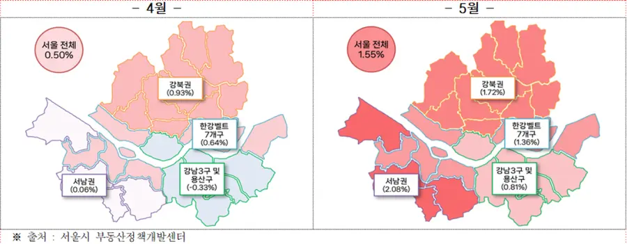 토지거래허가 신청가격 전월대비 변동률 (출처=서울시)
