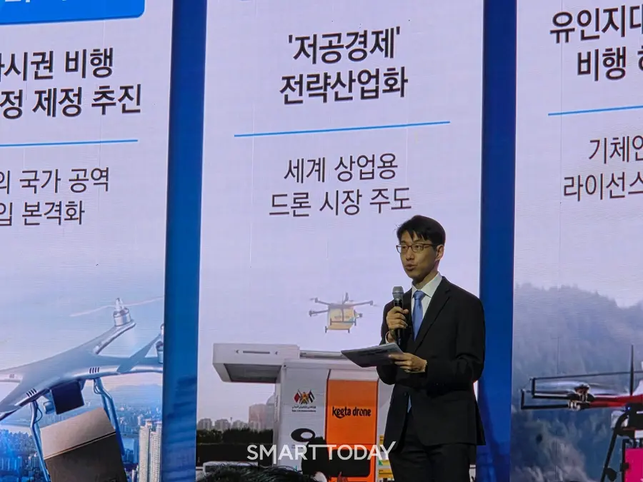 이창기 국토교통부 첨단항공과 과장이 드론 추진전략에 대해 설명하고 있다. 사진=박재형 기자