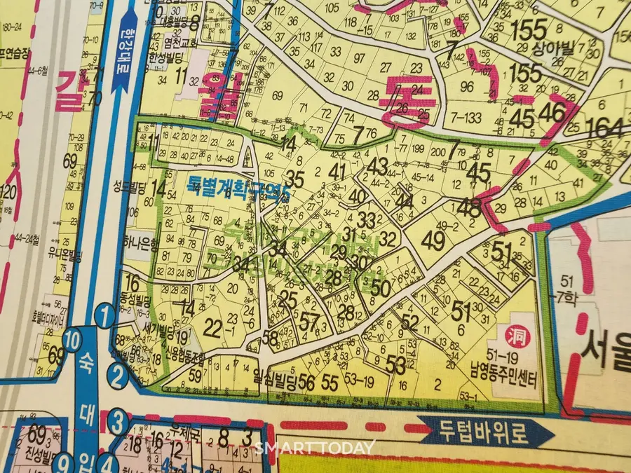 공인중개사 지도에 표시된 숙대입구역세권 재개발 지구. 출처=김종현 기자