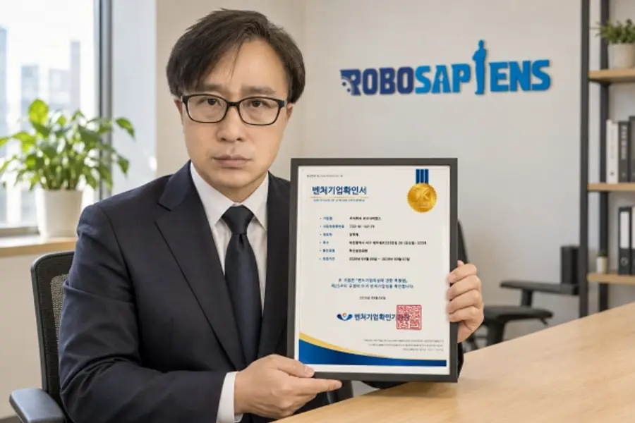 로보사피엔스 장현재 대표가 벤처기업확인 및 특허 등록을 획득한 후 혁신성장유형 벤처기업확인서를 들고 기념 촬영을 하고 있다.(사진 제공: 로보사피엔스)