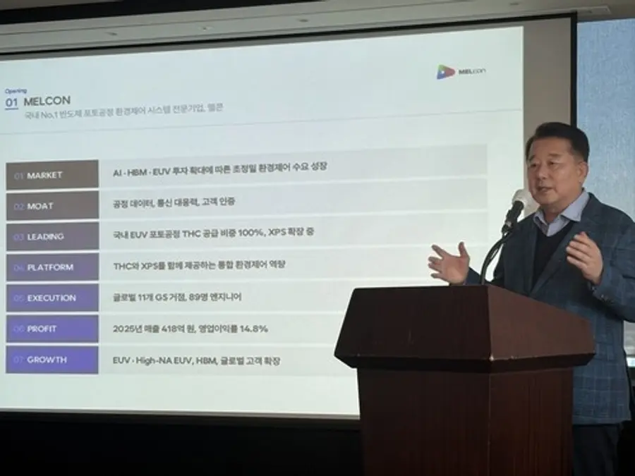 김성일 멜콘 대표가 22일 서울 영등포구 여의도에서 열린 기업공개(IPO) 간담회에서 발표하고 있다. 연합뉴스