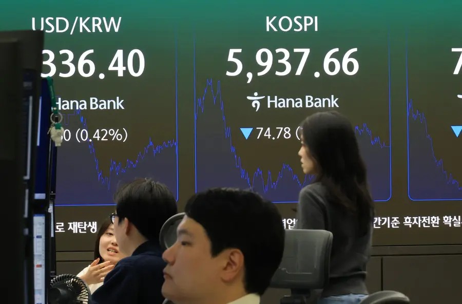 29일 서울 중구 하나은행 본점에 코스피가 표시되고 있다. 이 날 코스피는 1% 넘게 내려 하루 만에 6,000선을 반납했다. 지수는 전장보다 74.78포인트(1.24%) 내린 5,937.66으로 장을 마쳤다.연합뉴스